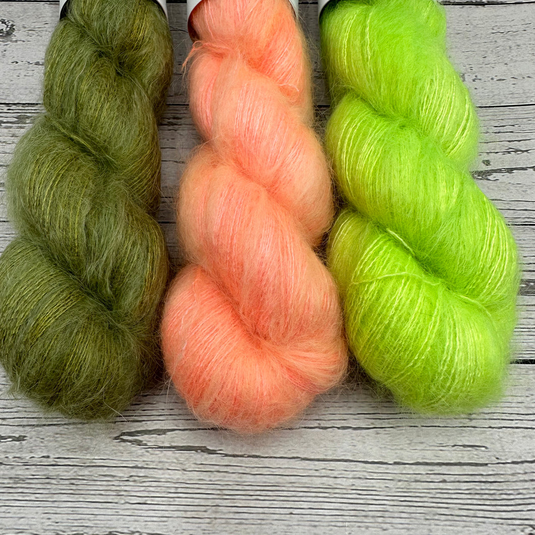 Moss/Neon Coral/Key Lime Mohair Yarn set